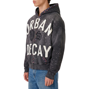 Wholesale High Quality Cotton Unisex Streetwear Hoodies 6721 Custom Logo Rhinestone Vintage Washed Zip Hoodie Y2K OEM Supplier - Product Image 3