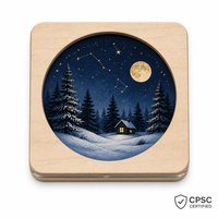 Sous-verre personnalisé en contreplaqué peuplier et acrylique découpé au laser, motif Forêt Enneigée, pour cadeau de table de boissons sur thème cabane d'hiver, conforme CPSC, DDP