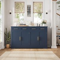 Buffet de cuisine bleu haut avec 4 tiroirs, grand meuble de bar à café, table de buffet moderne pour salle à manger et salon