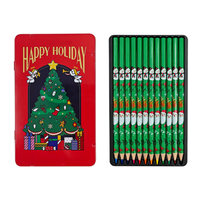 Crayons de couleur de Noël 12 couleurs, motif Père Noël, crayons de couleur sur le thème des fêtes, boîte en métal pour enfants, fournitures scolaires, dessin