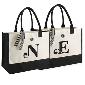 Kişiselleştirilmiş Monogrammed noel hediyelik alışveriş çantası İlk harfler baskı çiçek tasarımı ile ilk tuval Tote çanta mevcut