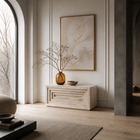 Table basse de salon moderne et minimaliste, finition mate luxueuse, socle en pierre de travertin beige naturel, table rectangulaire