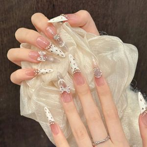 Faux ongles à presser blancs crémeux effet œil de chat, French manucure avec nœud et faits main, formes amande, carrée, ovale, stiletto, 10 pièces, vente en gros - Product Image 1