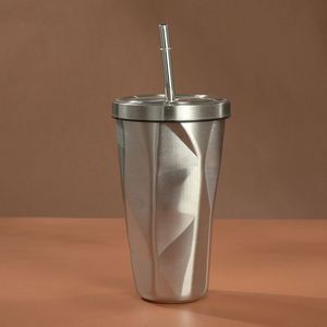 Irregular Diamond Double Wall Drinking Cups Coffee Mugs 16oz Stainless Steel Tumbler with <b>Straw</b> - Product Image 1
