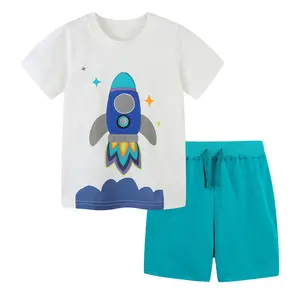 Wholesale New Summer Knitted Cartoon Rocket Printing White Blue Boutique Manufacturers Boys Clothing Sets Boy Set