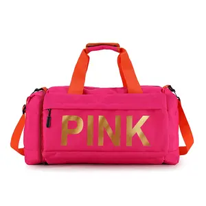 Bolsa de lona deportiva rosa de alta calidad, bolso de viaje plegable de gran capacidad, para pasar la noche, gimnasio, con compartimiento para zapatos