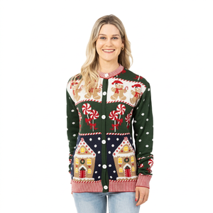 Cárdigan Navideño de Invierno para Mujer, Diseño de Casa de Caramelo de Jengibre, Suéter de Punto Verde con Botones de Eoin Winston Sports - Product Image 1