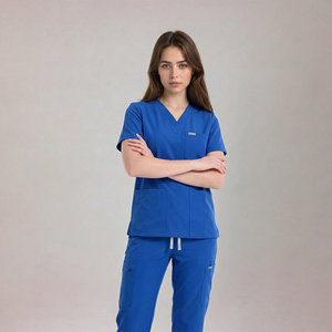 Conjuntos <span class=keywords><strong>de</strong></span> Uniformes Médicos Azul Rey, Top <span class=keywords><strong>de</strong></span> Manga Corta con Cuello en V y Pantalones Jogger con Bolsillos, Uniformes Médicos Personalizados, Uniformes <span class=keywords><strong>de</strong></span> Enfermería <span class=keywords><strong>de</strong></span> Marca Privada - Product Image 3