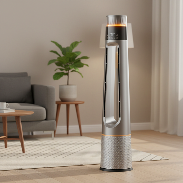 Ambient Lighting Bladeless Tower Fan with Voice Control Remote 2200W Smart Floor Standing Box Packaging