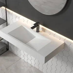 Évier de salle de bain acrylique en pierre artificielle suspendue au mur, pour hôtel, surface solide, lavabo suspendu