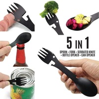 Fourchette-cuillère portable 5 en 1 pour le camping, en acier inoxydable, avec couteau, ouvre-bouteille, pour la survie en plein air, les pique-niques, la randonnée