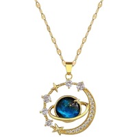 Nouveauté Collier Ciel Étoilé Galaxie Plaqué Or 18K Acier Inoxydable Pendentif CZ Planète Bleue Lune Bijoux de Mode Femme