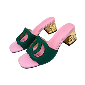 Escarpins verts à bride en T et talon rose pour femme, à talon carré et bout ouvert, chaussures de mode pour femme en PU, pantoufles de luxe de créateur à talons hauts - Product Image 1