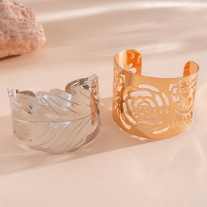 Brazalete Abierto de Acero Inoxidable con Diseño de Hojas y Flores, Unisex, Estilo Vintage Exagerado, Diseño de Lujo - Product Image 2