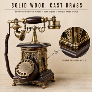 Vintage <b>Antique</b> Rotary Corded Telephone Brass Bronze Wood <b>Desktop</b> Phone with Brown Cord - Product Image 6