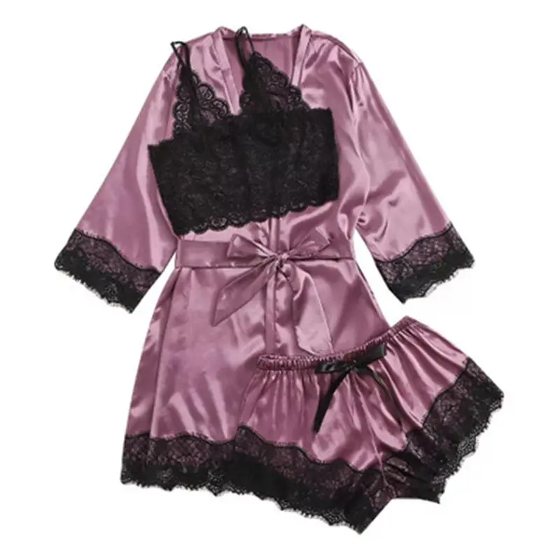 Pijama Women Satin Pajamas Set Lace Wireless Bra Camisole Shorts Bow Robe Set Sleepwear Pajamas Set Women Pyjama