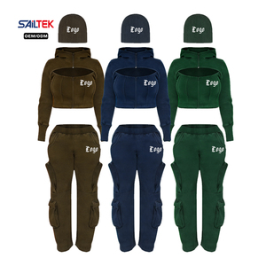 Conjunto de <span class=keywords><strong>Tres</strong></span> Piezas de Sudadera Corta con Capucha y Pantalones Cargo con Corte Personalizado, con Gorro Beanie, Ropa Deportiva Urbana <span class=keywords><strong>para</strong></span> Mujer - Product Image 1