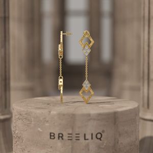 Boucles d'oreilles pendantes BREELIQ en or jaune 14 carats avec breloque ronde, diamant rond taille brillant 0,22 carat VVS2 couleur G, pour anniversaire - Product Image 1