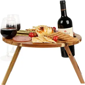 传奇定制葡萄酒野餐小吃餐桌托盘便携式相思木野餐餐桌杯架公园野营海滩