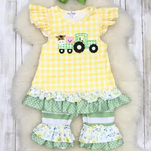 Bebek kız yaz butik giyim seti toptan özel tasarım 2 adet kıyafetler çocuklar nakış giyim seti bebek kıyafetleri
