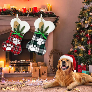 Custom Wholesale Christmas Stocking Set Cute Plaid Check Embroidery for Pet <b>Dog</b> Bone Cat's Paw Toy Holders <b>Xmas</b> <b>Gift</b> Decoration - Product Image 4