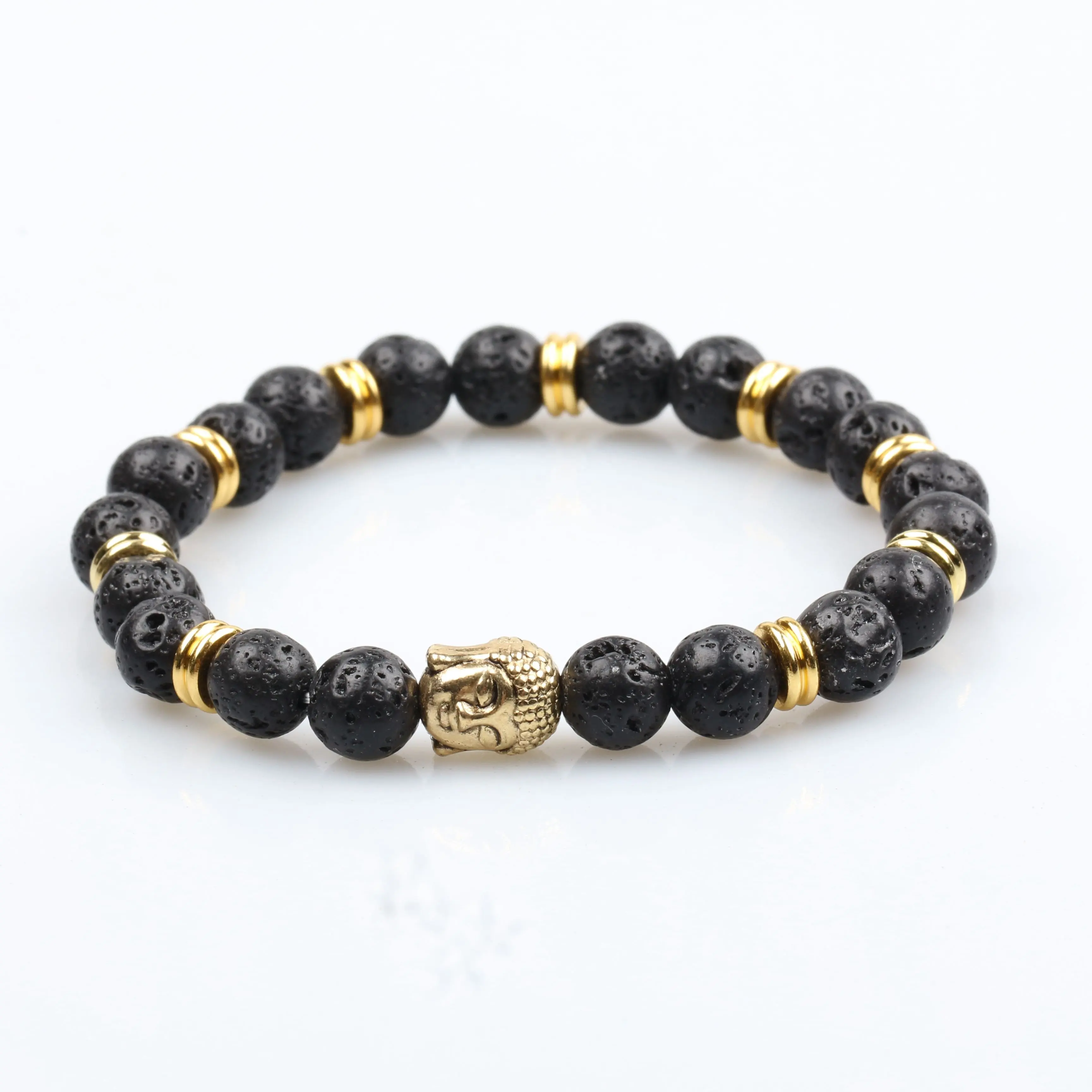 Wholesale natural 8mm Fengshui Buddha Charm Natural Lava Stone Beads Elastic Bracelet for men