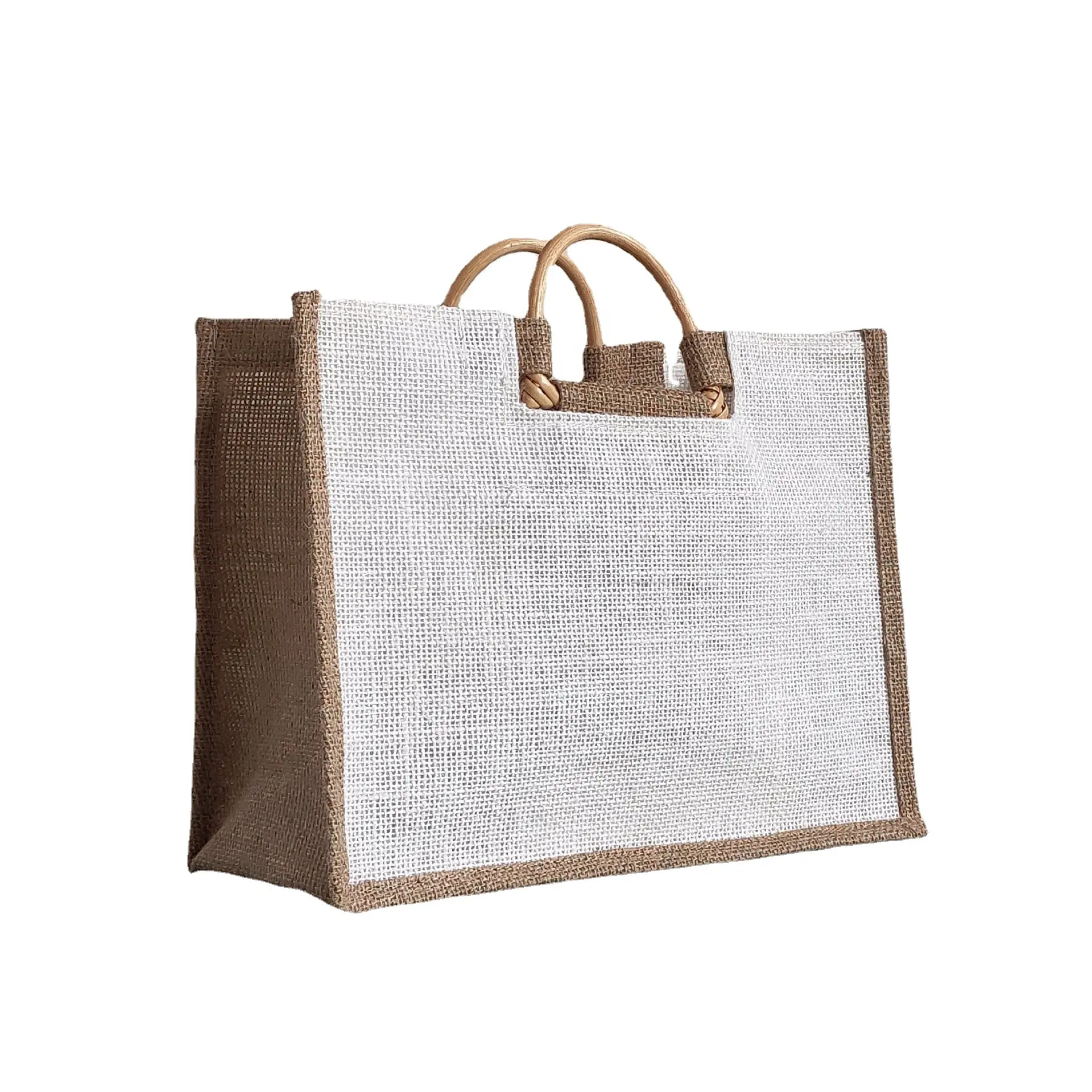 Produttori direttamente per decalcomanie dipinte a mano borsa gunny sacchi bianchi tasca in legno di iuta di lino tenuta in mano