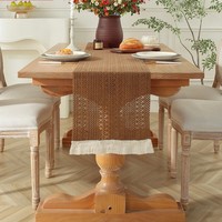 Chemin de table moderne et simple en coton et lin tissé, motif rayé ajouré, style bohème, avec pompons, durable, écologique et lavable pour la maison