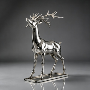 Scultura di Cervo a Grandezza Naturale in Acciaio Inossidabile Lucidato a Specchio, Arte Metallica per Giardino Esterno - Product Image 1