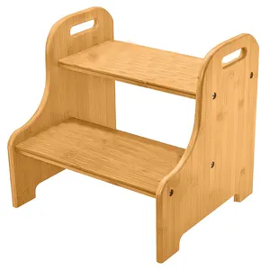 Taburete de 2 escalones de bambú para niños, inodoro, orinal de entrenamiento, 2 asas para baño, cocina y dormitorio