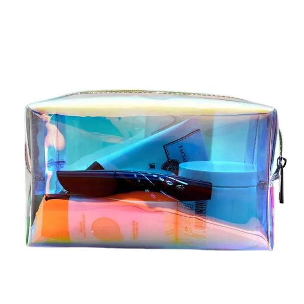 Yeni moda özel holografik yanardöner TPU PVC kadınlar makyaj kılıfı fermuarlı çanta kozmetik çantaları lazer çanta