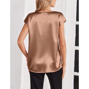 Women Silk Satin Blouse V Neck Short Sleeve Elegant Business Casual <b>Top</b> S 2XL - Product Image 5