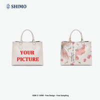 Sac fourre-tout personnalisé avec logo, faible MOQ (50 pièces), sac à main rose floral tendance, grande capacité, en cuir, pour marques en ligne