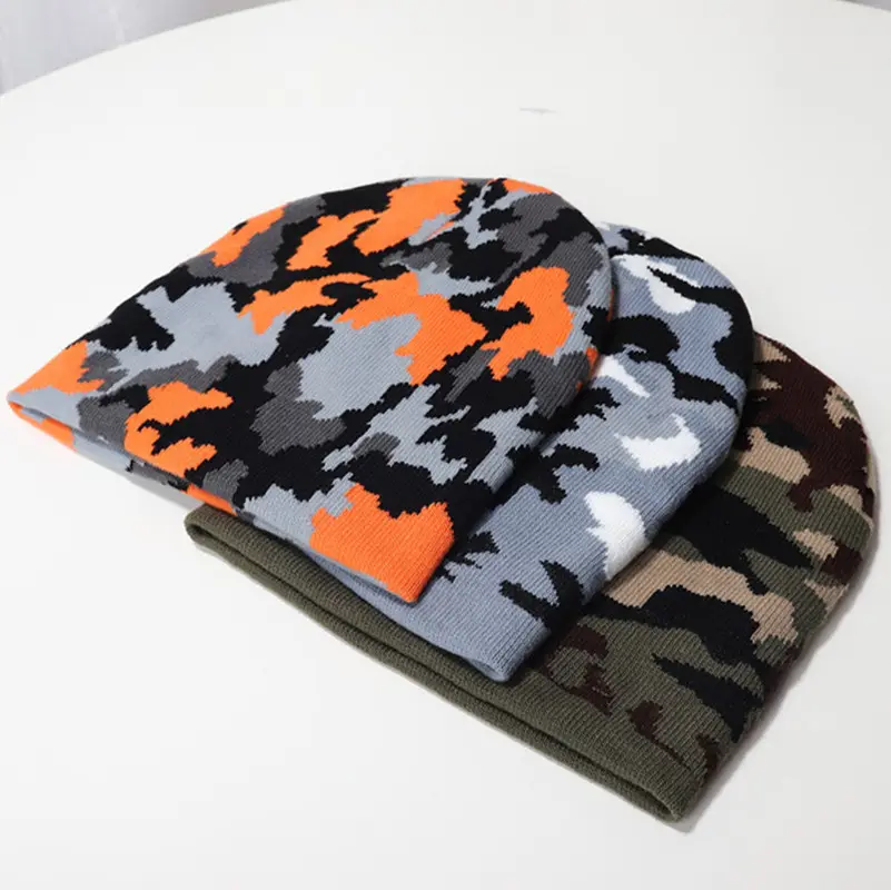 Bonnet d'hiver en tricot unisexe avec broderie personnalisée Bonnet jacquard en tricot camouflage