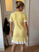 Robe moulante courte en maille côtelée jaune pour femme, à manches courtes, avec volants, taille naturelle, décontractée, été, ODM