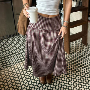 2026 Spring Summer Women High Waist <b>Check</b> Print Flared <b>Skirt</b> Preppy Style Loose Fit Casual Date Floor-Length A-Line Design - Product Image 3