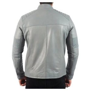 Chaqueta de Motociclista de Cuero Genuino Gris para Hombre, Chaqueta de Motociclista Vintage con Cuello Alto, Tela de PU No Tejida, Cierre de Cremallera, Corte Entallado - Product Image 5
