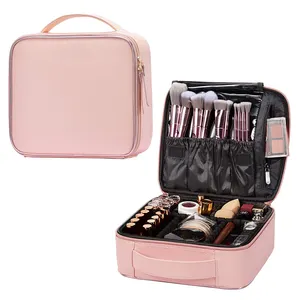 Bolsa de maquiagem de couro rosa, bolsa de viagem, organizadora para cosméticos, com zíper dourado
