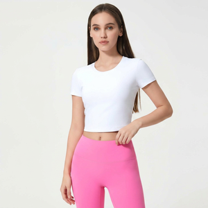 Women <b>Back</b> Drawstring Ruched Cutout Yoga Crop Top Short Sleeve Slim Stretch Athletic T-Shirt Built In <b>Bra</b> Pilates Workout Tee - Product Image 2