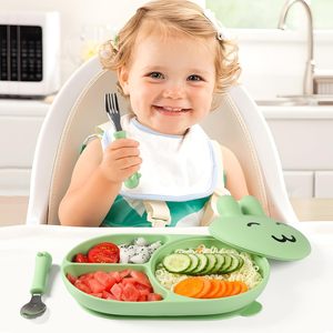 Assiette à ventouse en silicone en forme d'escargot pour bébé avec 3 compartiments séparés et ensemble cuillère-fourchette pour un usage quotidien - Product Image 6