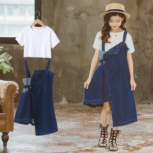 2pcs cô gái lớn t Áo sơ mi + Denim vest DRESS Set cô gái mùa hè trang phục Set teeage cô gái tuổi teen denim quần áo Set - Product Image 1