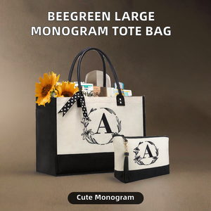 Bolsa de Lona Grande <span class=keywords><strong>BeeGreen</strong></span> con Asa de Cuero, Cierre y Diseño de Monograma con Iniciales, para Mujer - Navidad, Halloween, Acción de Gracias - Product Image 2