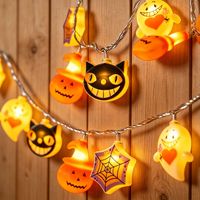 Guirlandes lumineuses LED d'Halloween - Motifs citrouille, fantôme, chat noir - Décoration de jardin en plastique alimentée par piles pour les fêtes d'enfants