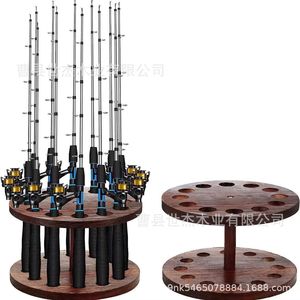 Soporte de madera para cañas de pescar, soporte de almacenamiento redondo de madera maciza de doble capa para cañas de pescar y tacos de billar, uso doméstico duradero - Product Image 1