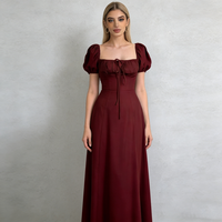 Robes pour femmes, style midi, décontractées, élégantes, pour les fêtes, les rendez-vous, le quotidien, en tissu tissé, coupe ajustée, col carré, manches bouffantes, détail de nœud, couleur bordeaux