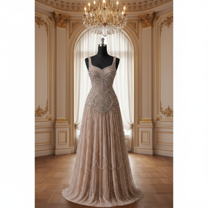 Robe longue élégante en georgette avec embellissements en pierres, tenue de luxe pour femmes, robe de mariée et de réception - Product Image 1