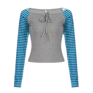 Color Block Striped <b>Raglan</b> Sleeve Knit <b>Top</b>, Crew Neck Long Sleeve Women's T Shirt, Y2K Retro Casual Fashion Style - Product Image 6