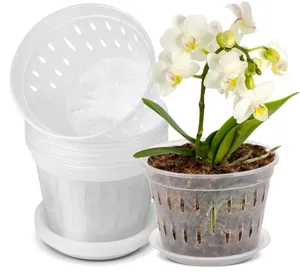 7 polegadas Orchid Pots para Repotting, Clear Orchid Pot com buracos e Pires, Plantadores de orquídeas com fenda respirável