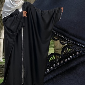 9.9 Smooth Satin Muslim Women Latest <b>Abaya</b> Shiny Diamond With Lace Border Batwing Sleeves Gaily New Muslim Open <b>Abaya</b> 1429# - Product Image 1