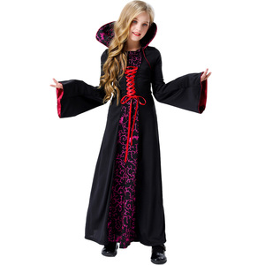 Disfraz de bruja para niños, vestido estampado en negro y rosa con capucha y bastón, traje de juego de rol para fiesta de Halloween para niños - Product Image 5